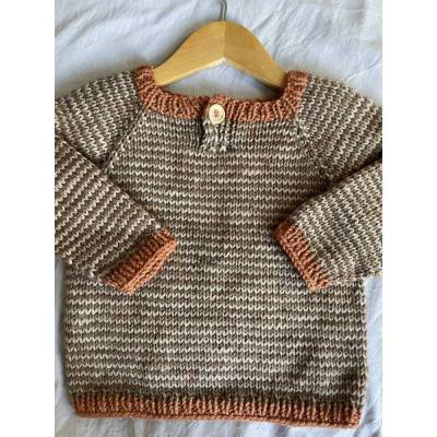 Kinderpullover handgestrickt 100% Wolle Größe 92, Wollpullover beige braun gestreift, orange Bündchen, gestrickte Kinder