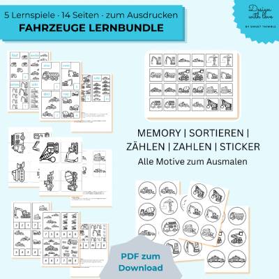 Fahrzeuge Lernbundle für Kinder zum Ausdrucken | Memory, Sortierspiel, Zählen, Zahlen lernen & Sticker | Ausmalbilder