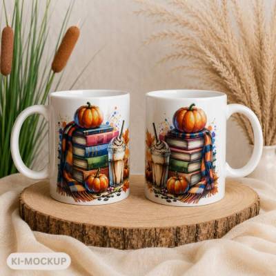 Herbst Tasse für Buchliebhaber – Büchertasse mit Kürbis & Pumpkin Spice 330 ml