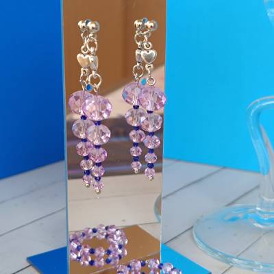 Flieder Schmuckset mit Ohrringen und Ring, romantischer Perlenschmuck mit Herz, handgemacht