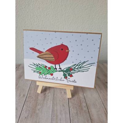 Weihnachtskarte handgemacht großes Rotkehlchen Weihnachtliche Grüße
