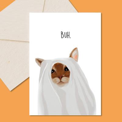 Halloween-Karte A6 "Buh" mit Umschlag - Katze im Gespenst
