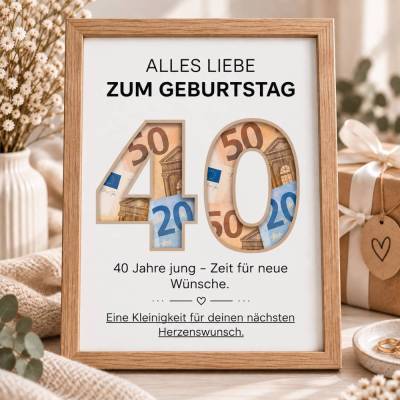 Geldgeschenk 40. Geburtstag zum Ausdrucken – PDF Vorlage | Last Minute Geschenk für Frau & Mann