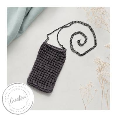 Kleine gehäkelte Umhängetasche fürs Handy, Handytasche mit Umhängegurt, 100 % Baumwolle, Zink