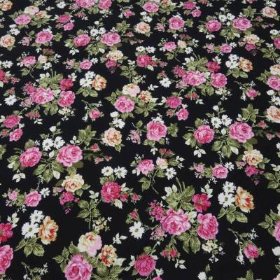 Hochwertiger Feincord Stoff 100% Baumwolle Rosen Design Schwarz Rosa Kleiderstoff Kinderstoff