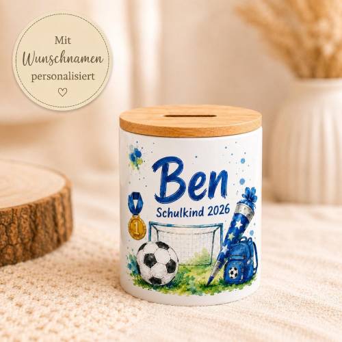 Spardose zur Einschulung mit Name – Fußball Junge, personalisierte Spardose Schulkind 2026, Geschenk Einschulung