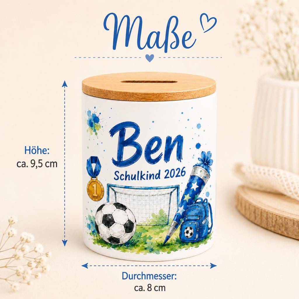 Spardose zur Einschulung mit Name – Fußball Junge, personalisierte Spardose Schulkind 2026, Geschenk Einschulung