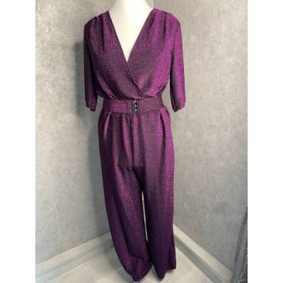 Festlicher Jumpsuit Damen L/XL – Lila Lurex mit Wickeloptik