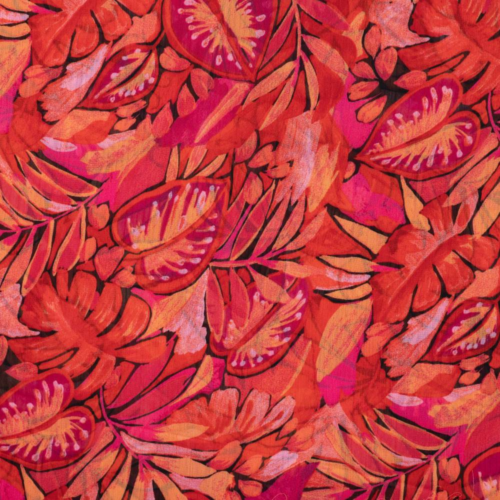 Voile Poly-Yoryu-Druck Leichter Frühlings-/Sommerstoff Blätter orange-pink(1m/8,-€) Bild 1