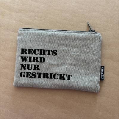 Kleines Reißverschlusstäschchen "Rechts wird nur gestrickt" – handgenähtes Mäppchen mit Siebdruck