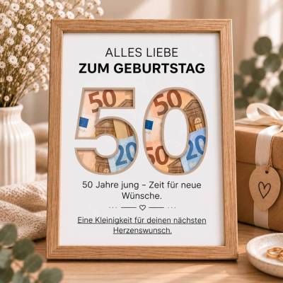 Geldgeschenk 50. Geburtstag zum Ausdrucken – PDF Vorlage | Last Minute Geschenk für Frau & Mann