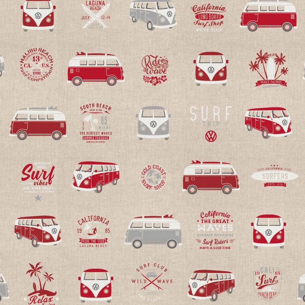Dekostoff Halbpanama Bus, Bulli Natur/Rot (1m /17,00€) Bild 1