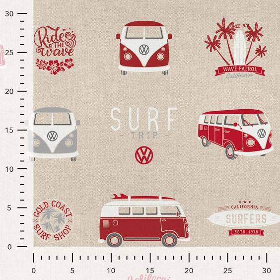 Dekostoff Halbpanama Bus, Bulli Natur/Rot (1m /17,00€) Bild 2