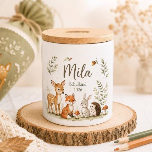 Personalisierte Spardosemit Name – Waldtiere Geschenk für Mädchen & Jungen