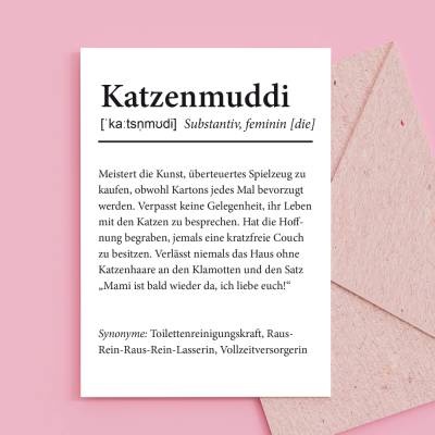Grußkarte A6 "Katzenmuddi" Definition mit pinkem Umschlag - Geschenk für Katzenmamas