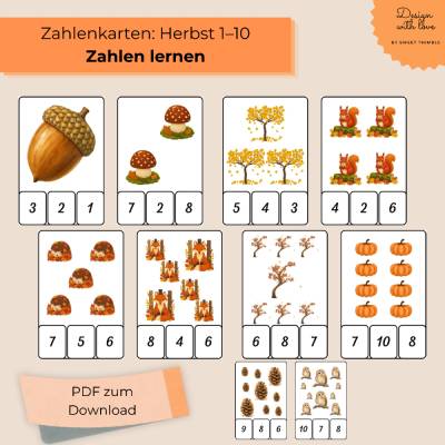 Zahlenkarten Herbst Zählen Kinder Lernkarten Vorschule Kindergarten Lernspiel Herbst Printable