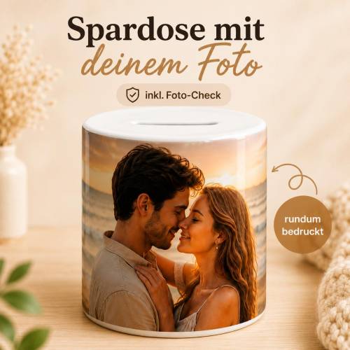 Spardose mit eigenem Foto – personalisierte Keramik Spardose rundum bedruckt, Fotogeschenk für Familie Haustier Paar
