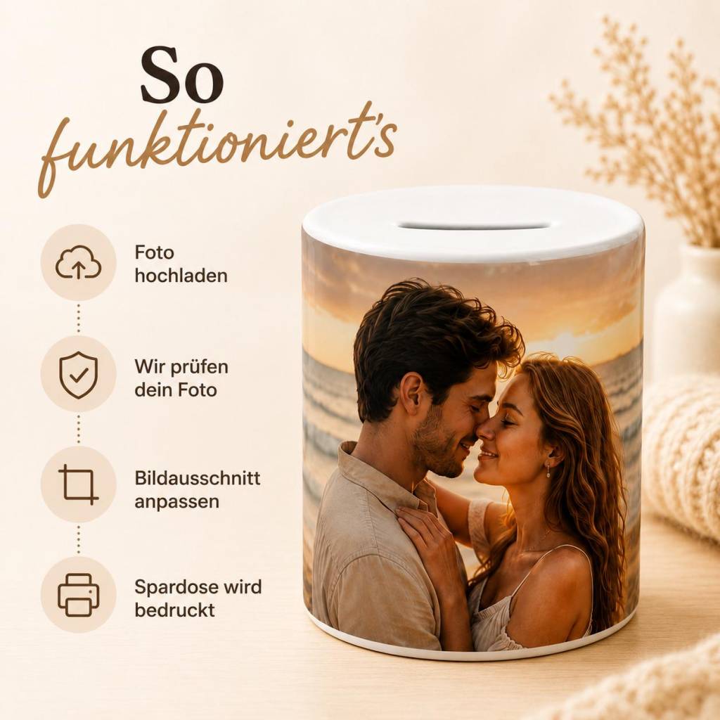 Spardose mit eigenem Foto – personalisierte Keramik Spardose rundum bedruckt, Fotogeschenk für Familie Haustier Paar