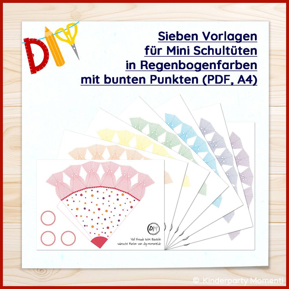 Kleine Schultüte basteln - Sieben Vorlagen mit Punkte Mustern in Regenbogenfarben Bild 5