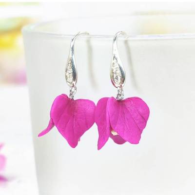Bougainvillea Ohrringe aus Polymer Clay und Sterlingsilber, rosa lange Blumenohrringe