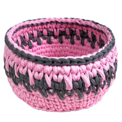 Häkelkorb Rosa Grau – Geschenkkorb, Utensilo & Brötchenkörbchen – Handgemacht aus Textilgarn