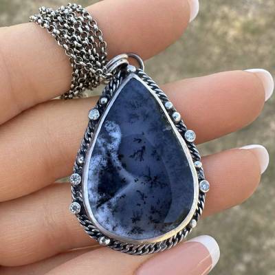 Dendrite Opal Anhänger, Moissanite, 925 Sterling Silber Halskette, Oxidierter Silber, Statement Anhänger