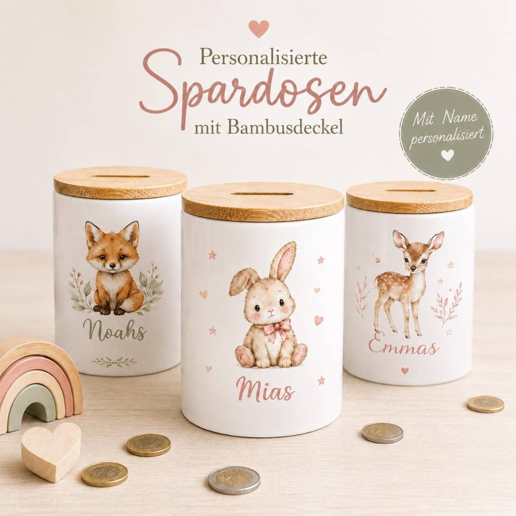 Spardose mit Namen Baby & Kinder – personalisierte Keramik Spardose mit Tiermotiv, Geschenk zur Geburt Taufe Geburtstag