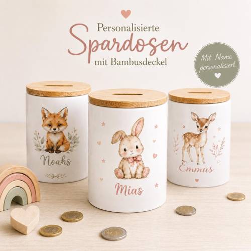 Spardose mit Namen Baby & Kinder – personalisierte Keramik Spardose mit Tiermotiv, Geschenk zur Geburt Taufe Geburtstag