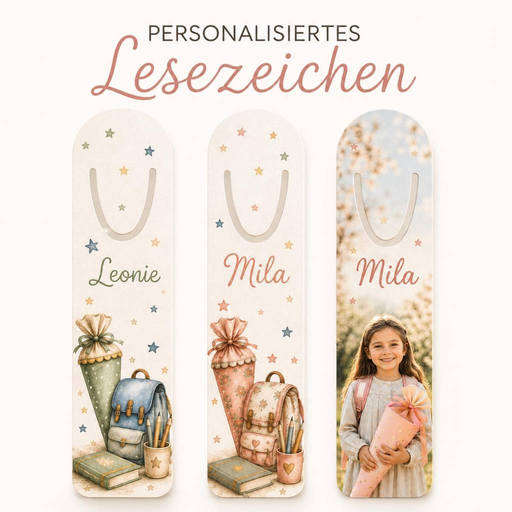 Personalisiertes Lesezeichen zur Einschulung mit Name & Wunschtext – Foto oder Schulmotiv aus Aluminium Bild 1