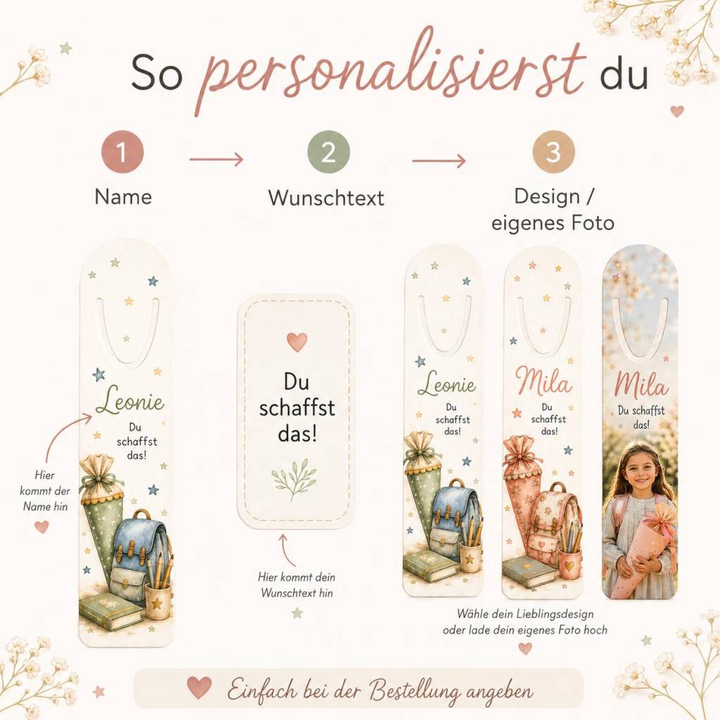 Personalisiertes Lesezeichen zur Einschulung mit Name & Wunschtext – Foto oder Schulmotiv aus Aluminium Bild 3
