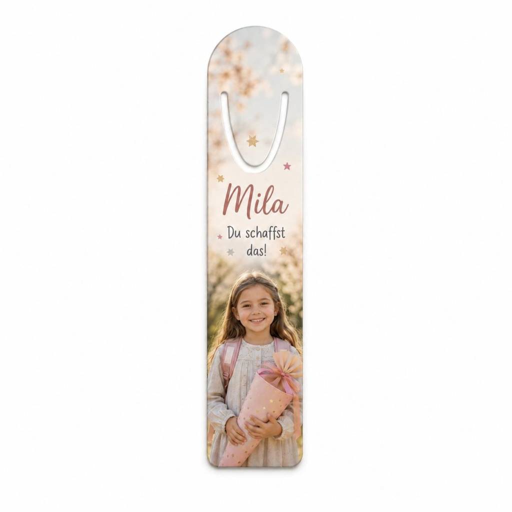 Personalisiertes Lesezeichen zur Einschulung mit Name & Wunschtext – Foto oder Schulmotiv aus Aluminium Bild 4