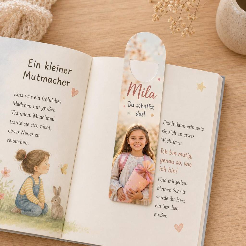 Personalisiertes Lesezeichen zur Einschulung mit Name & Wunschtext – Foto oder Schulmotiv aus Aluminium Bild 8