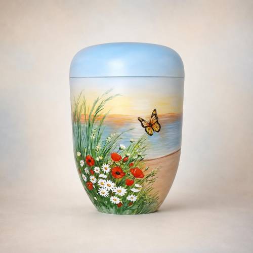 Handbemalte Urne mit Strand, Meer, Schmetterling & Mohnblumen | Künstlerurne | Naturstoffurne