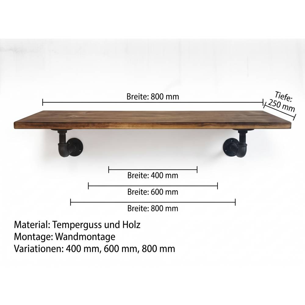 Wandregal Industrial Style aus Holz & Metall | Geflammtes Holz | Handgefertigtes Rohrregal | Wandboard