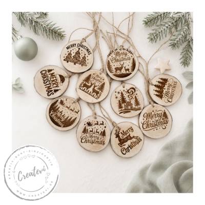 10 Holzanhänger Weihnachten „Merry Christmas“ graviert, Naturholz, Geschenkanhänger, Weihnachtsdeko, 5,5 cm