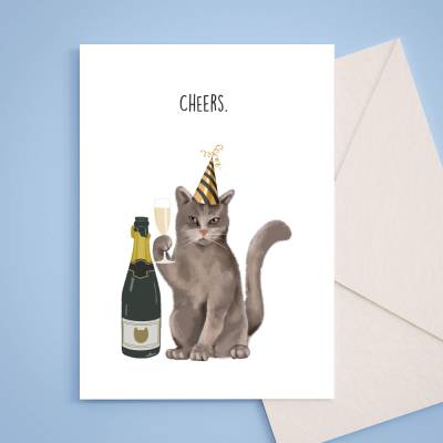 Grußkarte A6 "Cheers" Katze mit pinkem Umschlag - Geburtstagskarte zum Anstoßen