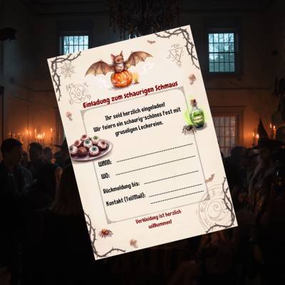 Digitale Einladung Halloween A6 PDF,  Lückentext zum Ausdrucken,  Einladungskarte Kinder & Party Fledermaus