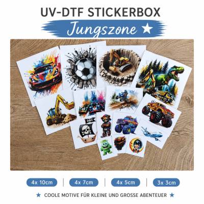 Jungszone Themenbox – 15 UV DTF Sticker für Jungs | Auto, Dino, Fußball & mehr