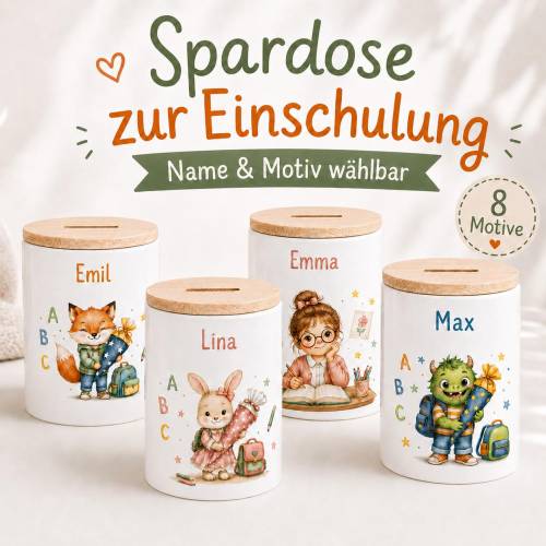 Spardose mit Namen zur Einschulung – personalisierte Keramik Spardose, Geschenk zum Schulanfang für Mädchen & Jungen
