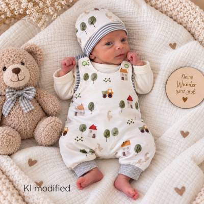 Frühchen Baby Set Gr. 39 - Baby Strampler & Mütze - Jersey Natur Bauernhof - Geburt, Geschenk, Reborn