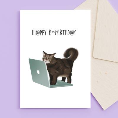 Geburtstagskarte A6 "Happy Birthday" Katze auf Laptop mit Umschlag - Katzenmuddi