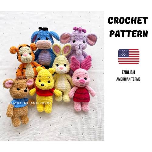 **Amigurumi Häkelanleitung 7-in-1 | PDF Häkelmuster | Teddybär, Esel, Ferkel, Tiger, Hase, Känguru & Elefant | Kuschelti