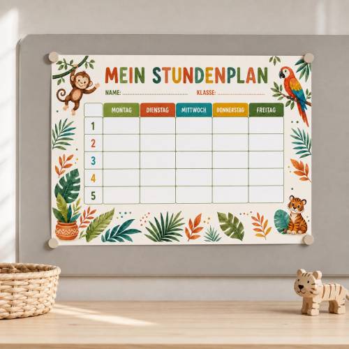 Boho Schulplan Dschungel Kinder A4 – Stundenplan PDF Sofortdownload zur Einschulung