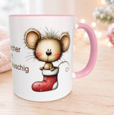 Tasse mit Spruch „Dieser Becher macht Frosttage flauschig“ – Rosa Henkel, Geschenkidee, Handmade
