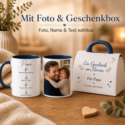 Fototasse für Papa mit Geschenkbox – personalisiert mit Foto, Name & Wunschtext, Vatertagsgeschenk
