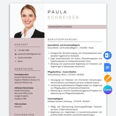 Lebenslauf Vorlage Krankenschwester, tabellarische Bewerbungsvorlage für Pflegekräfte | Word, Canva, Pages