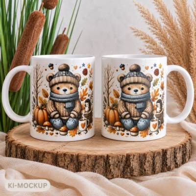 Herbst Kindertasse aus Kunststoff 320 ml – süßer Bär mit Kürbis & Igel – bruchsichere Tasse für Kinder