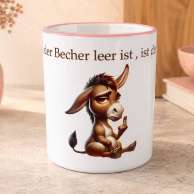 Freche Tasse mit Spruch – Wenn der Becher leer ist, ist der Tag geritten – Rosa Henkel, Geschenkidee