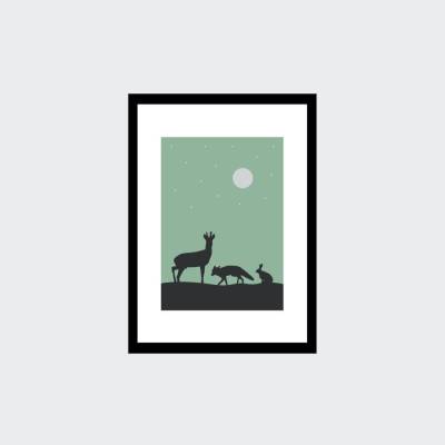 Waldtier Poster mit Reh, Fuchs, Hase und Mond