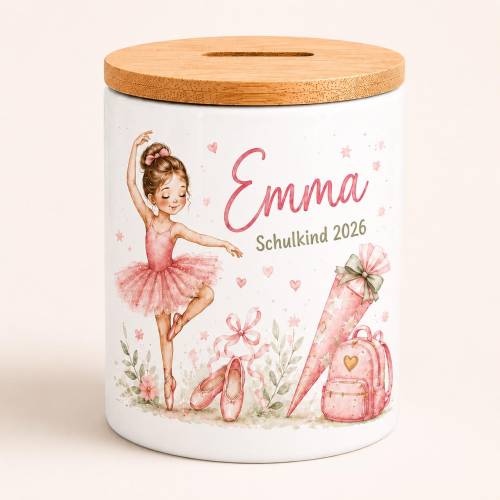 Personalisierte Spardose zur Einschulung mit Name – Ballerina Geldgeschenk zum Schulanfang – Keramik Sparbüchse für Mädc